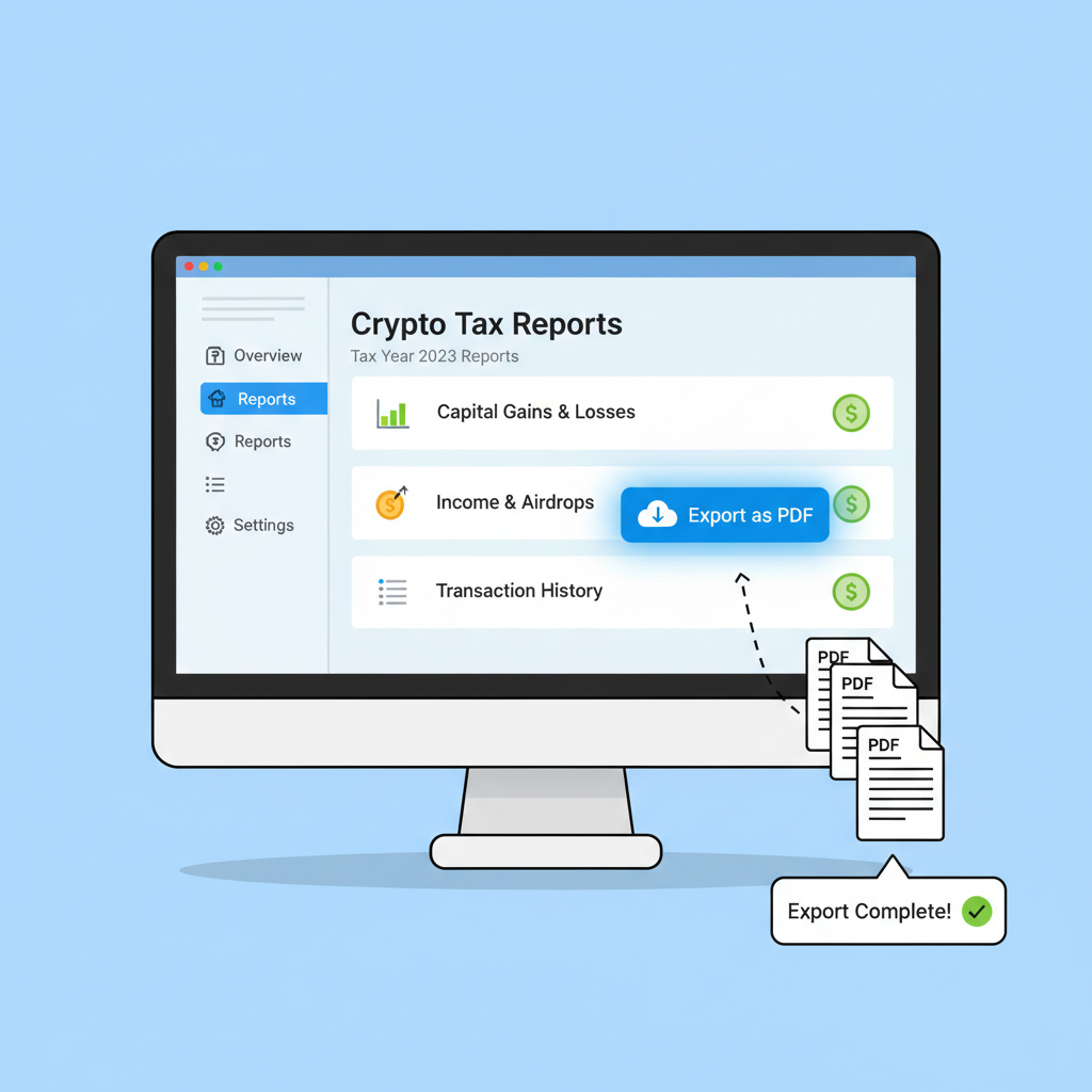 exporting crypto tax reports PDF dashboard