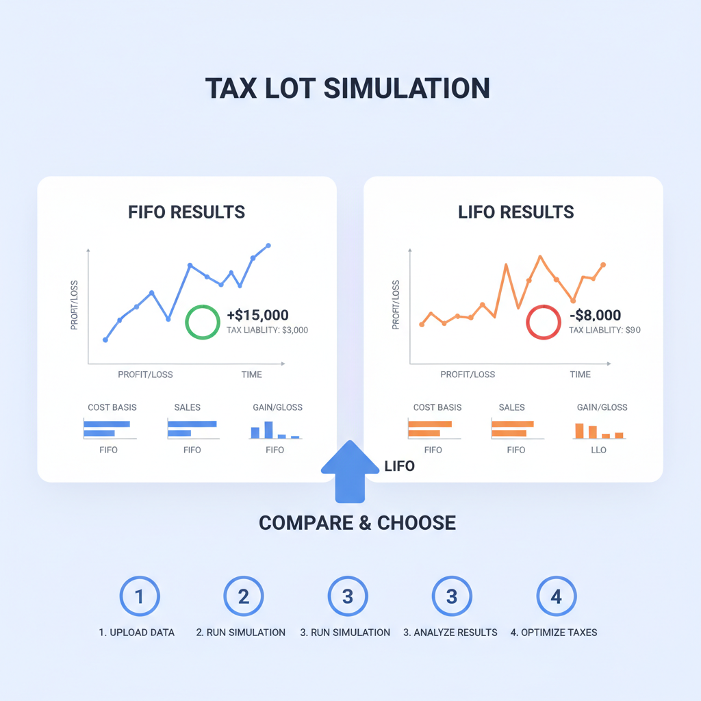 tax simulation dashboard showing FIFO LIFO results graphs