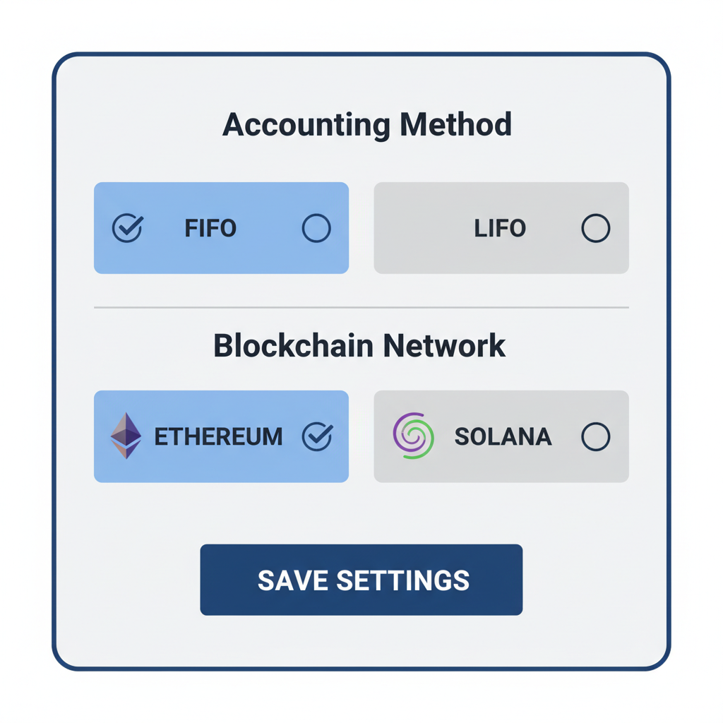 settings panel selecting FIFO LIFO methods Ethereum Solana chains