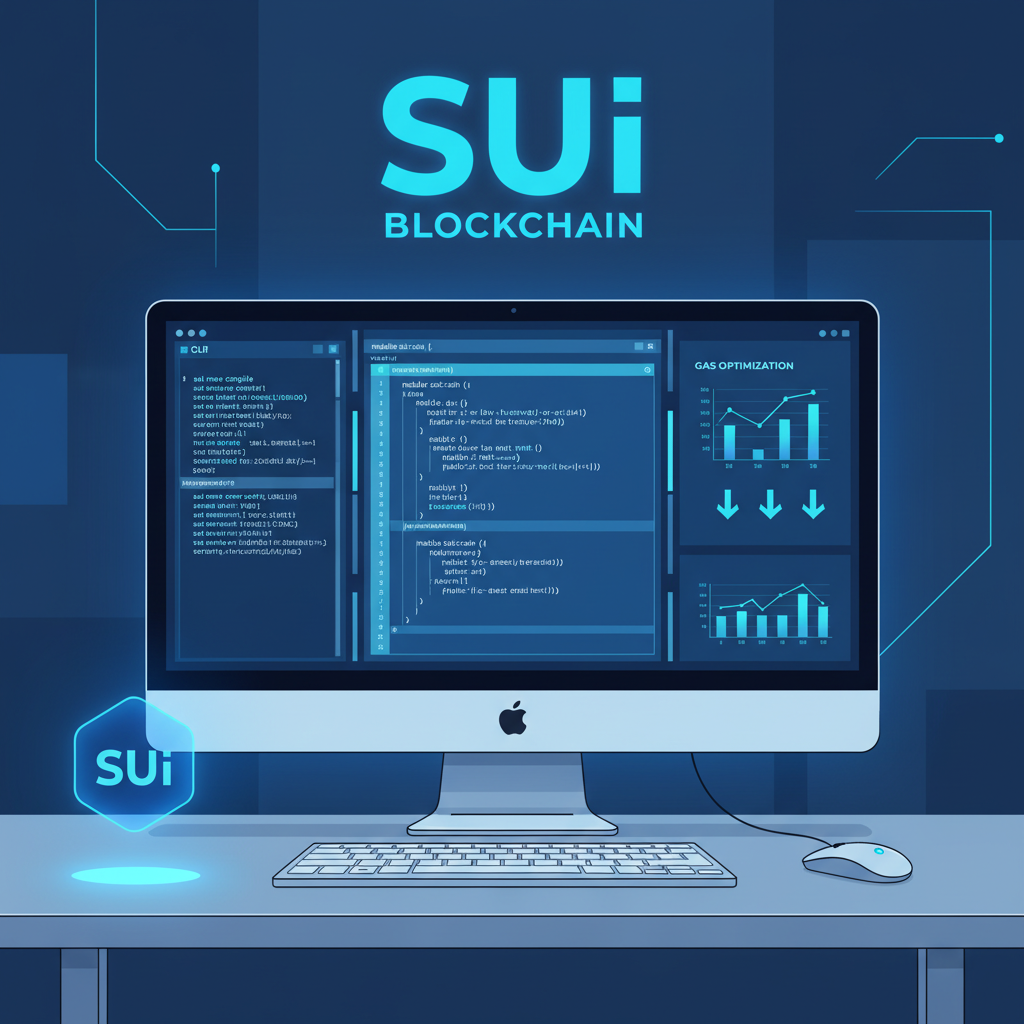Sui blockchain developer workspace with CLI terminal, Move code editor, gas optimization charts, futuristic blue tones