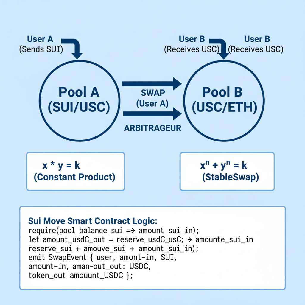 Diagram of DeFi swap flow in Sui Move, arrows between token pools, math formulas, clean vector art