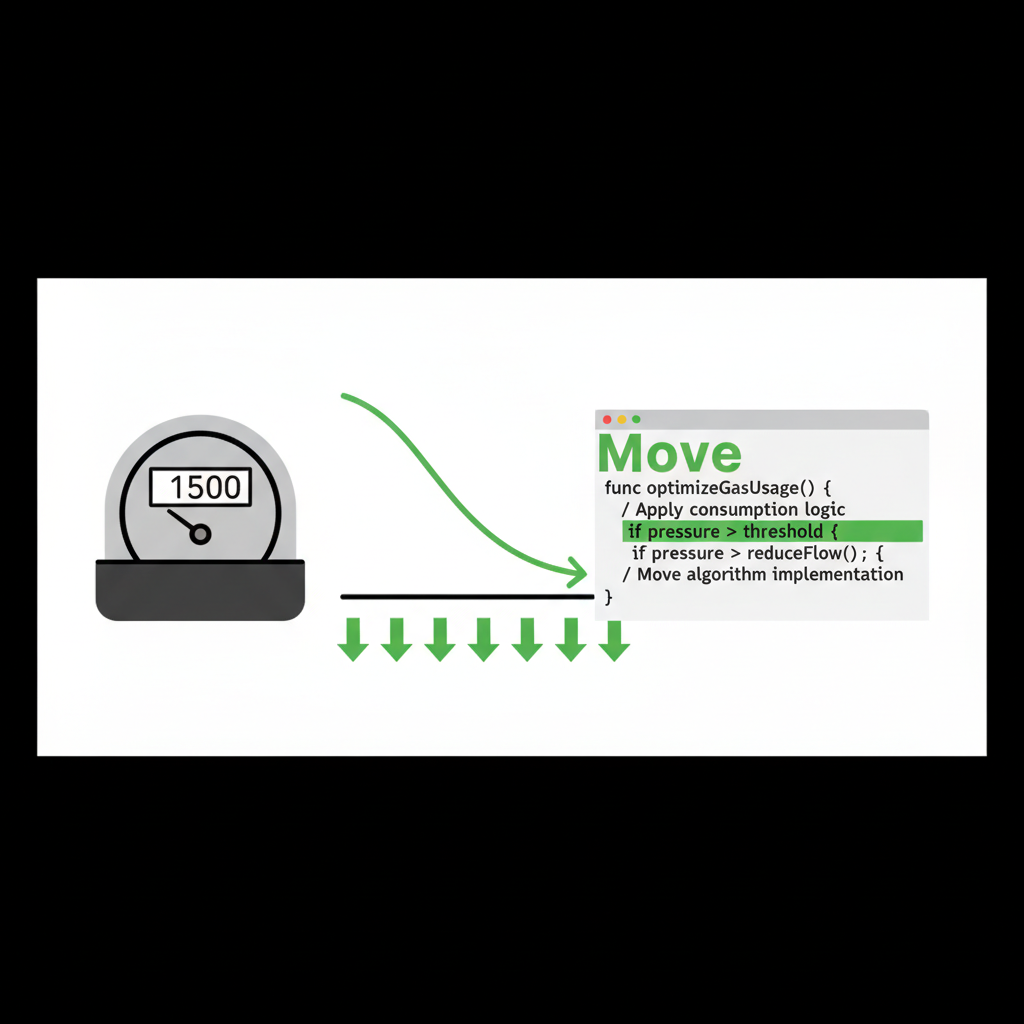 Gas meter chart dropping with optimization code highlights in Move, green downward arrows, technical graph