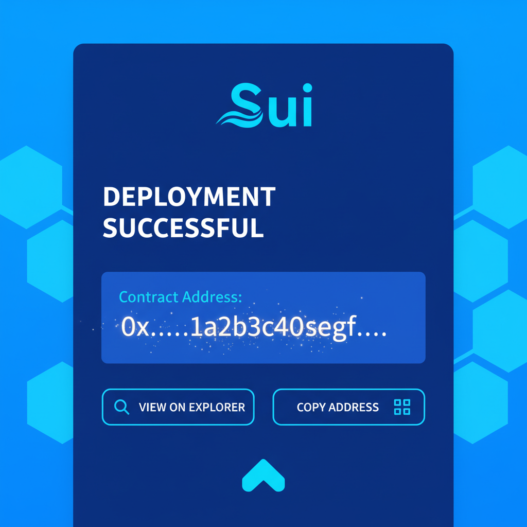 Sui mainnet deployment success screen, contract address glowing, blockchain explorer view, triumphant blue hues