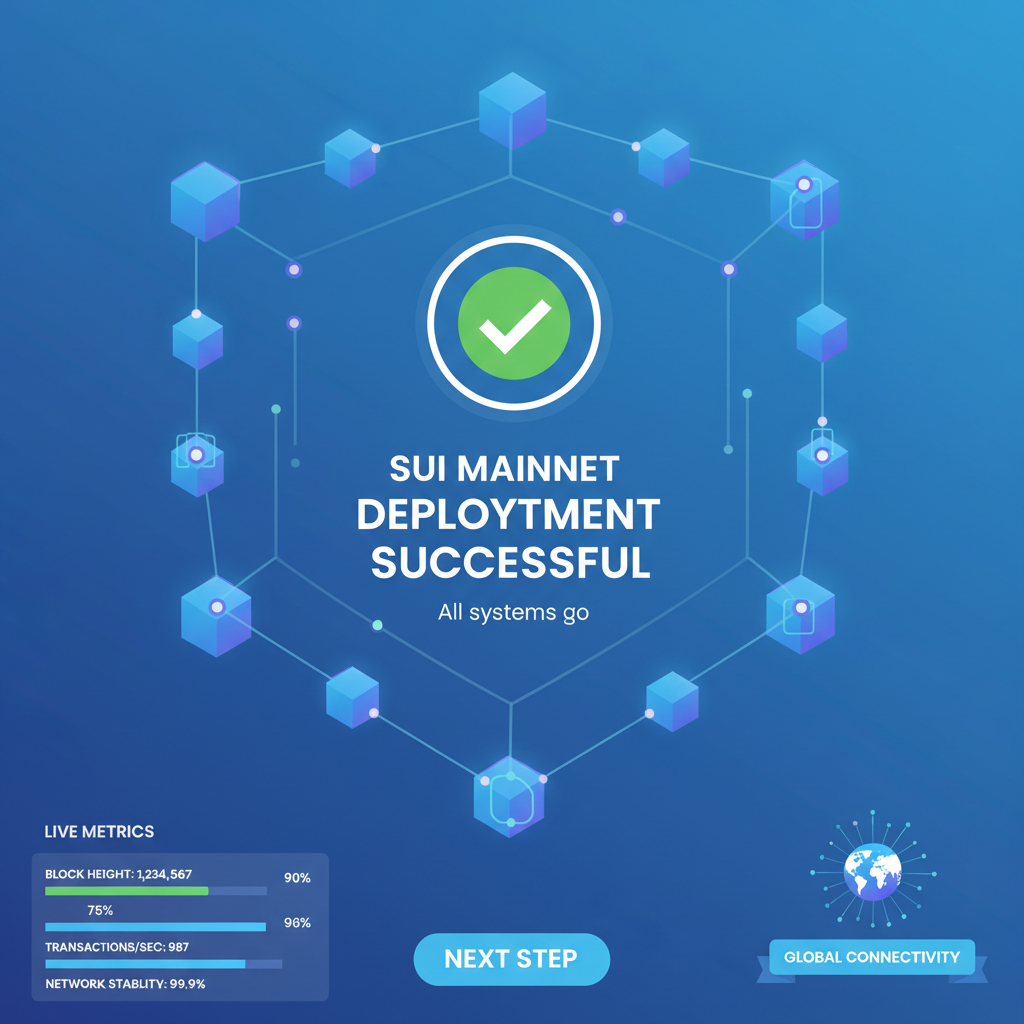 Sui mainnet deployment success screen, blockchain nodes connecting, live metrics