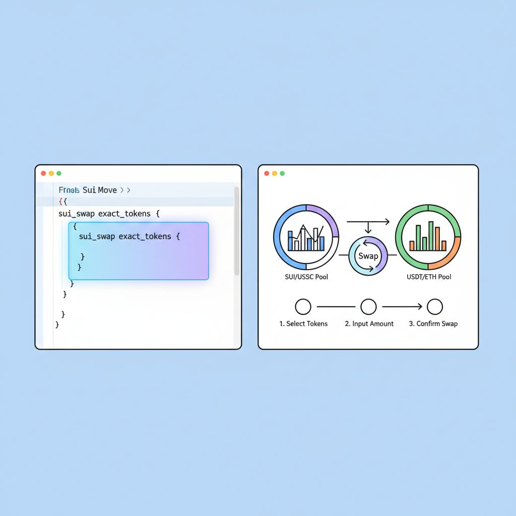 Sui Move code editor with DeFi swap function highlighted, graphs of liquidity pools