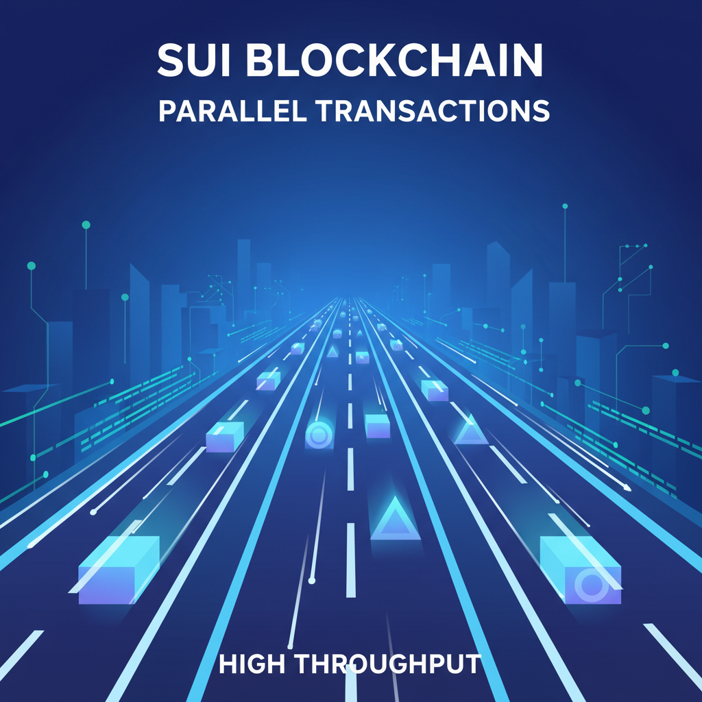 Parallel transaction lanes on Sui blockchain highway, speed lines, high throughput