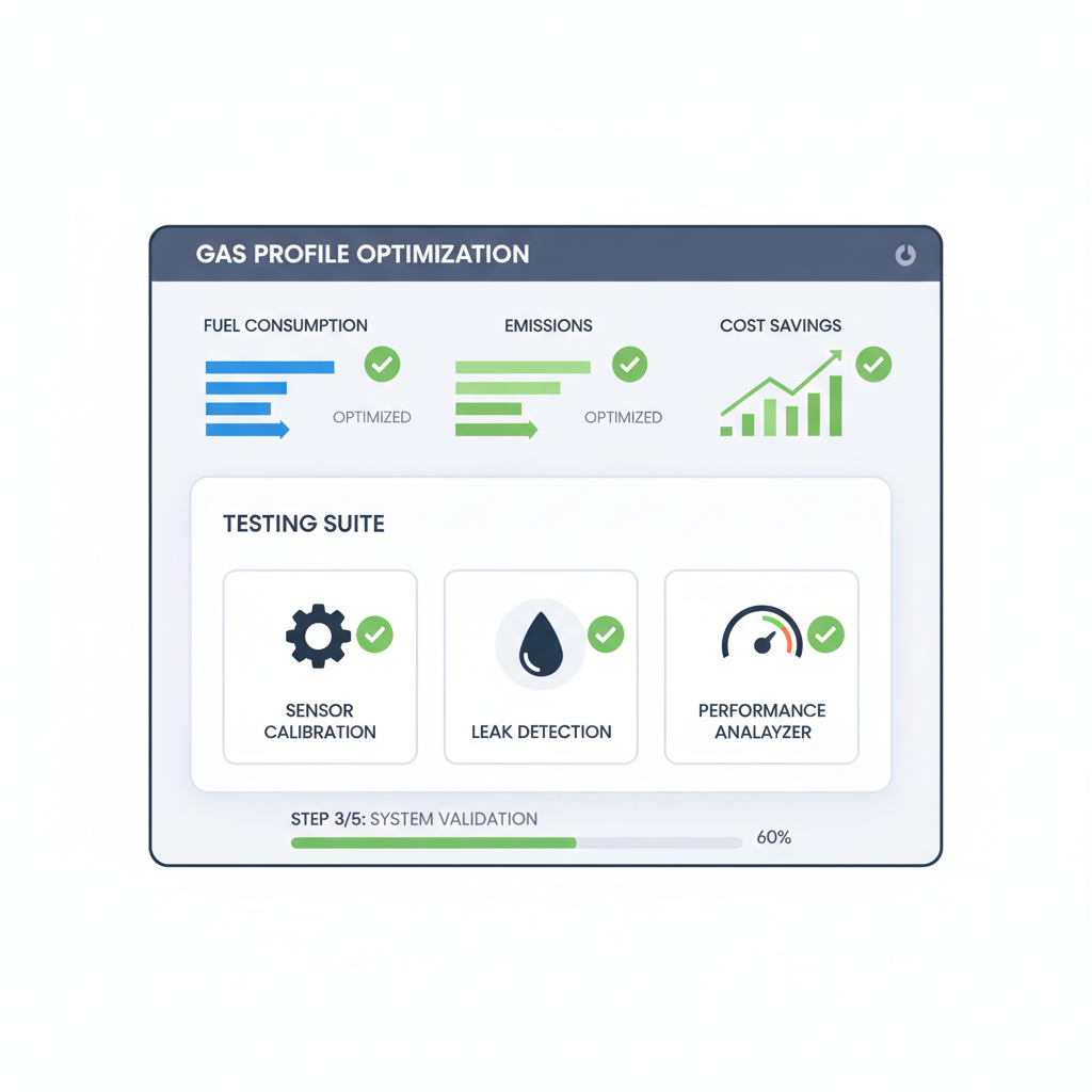 Gas profiling dashboard with charts, green optimization ticks, testing suite