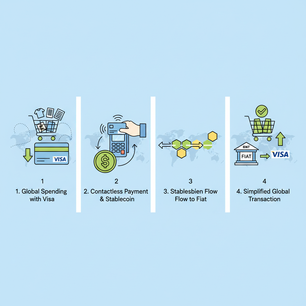 global spending with Visa card, shopping cart, world map, contactless payment, stablecoin flow to fiat