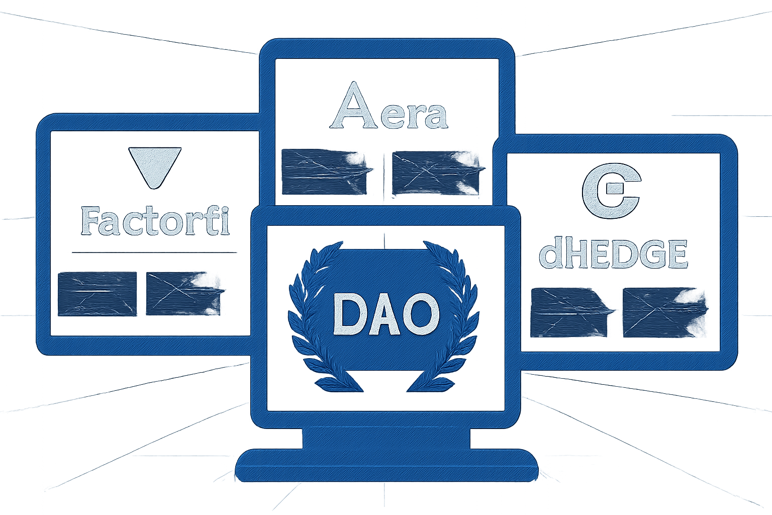 Logos and dashboards of Factor.fi, Aera, and dHEDGE displayed on futuristic digital screens with a DAO emblem at the center.