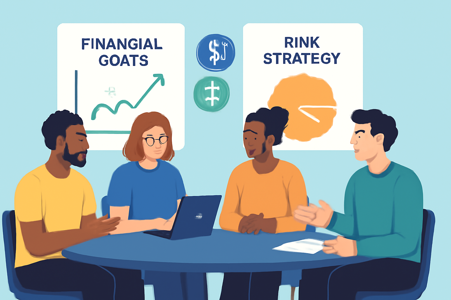 A group of diverse DAO members discussing financial goals and risk strategies around a digital table, with charts and stablecoin icons in the background.