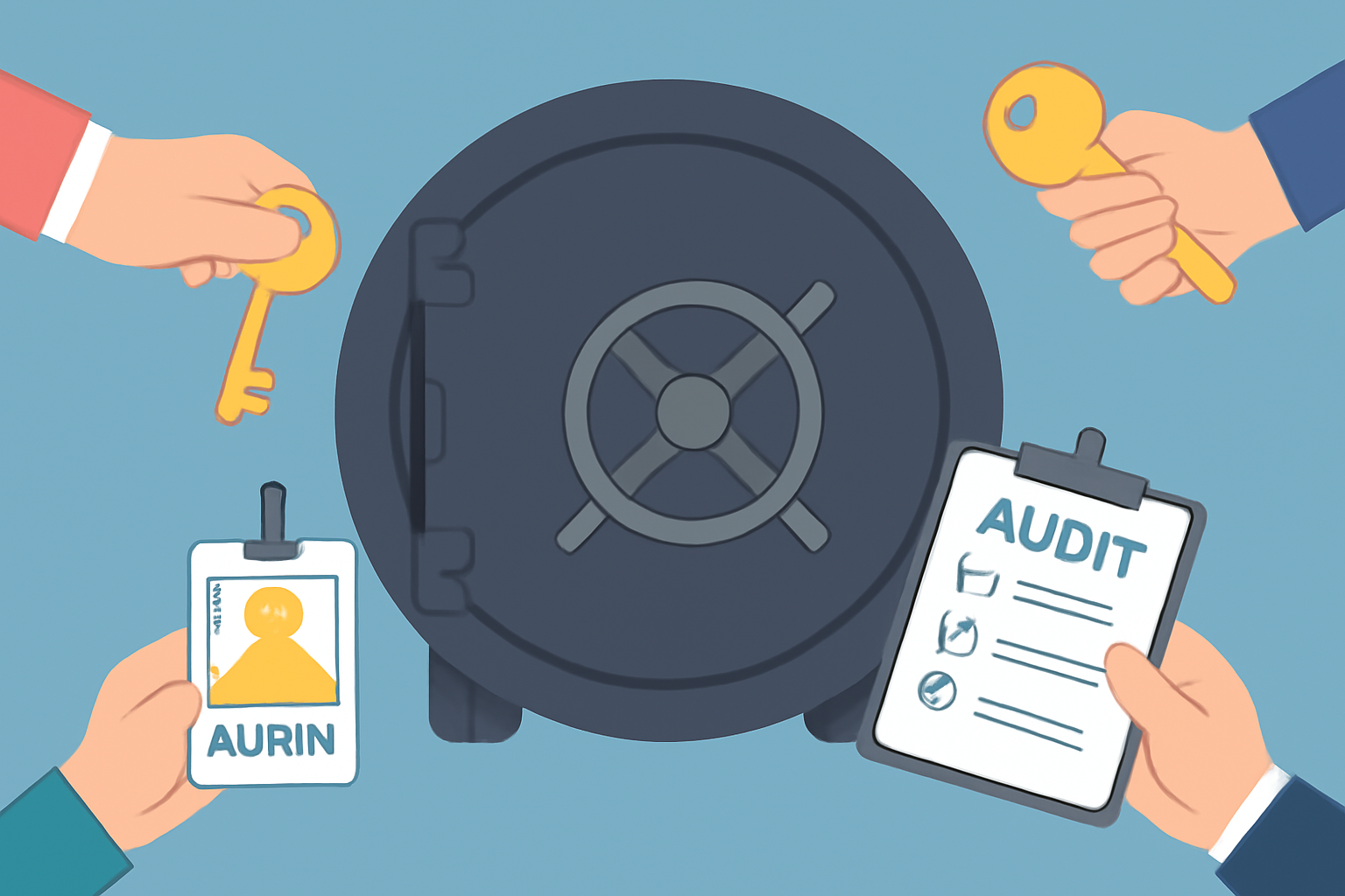 A secure digital vault with multiple hands holding keys, role badges, and audit checklists overlaying the image.