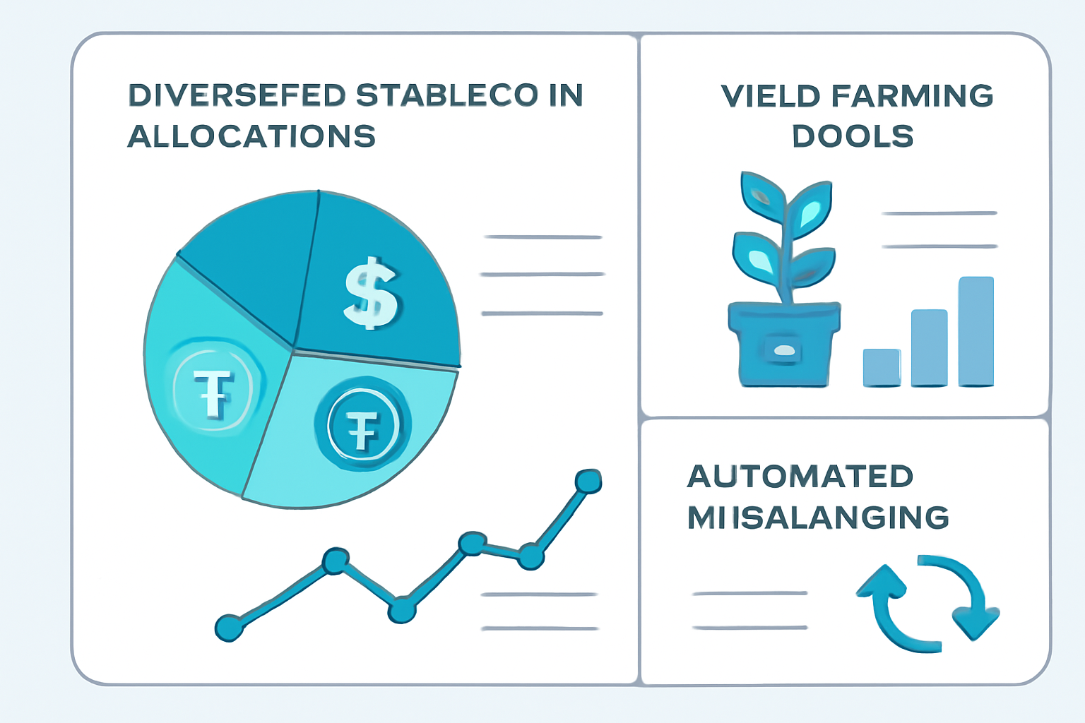 A digital dashboard showing diversified stablecoin allocations, yield farming pools, and automated rebalancing graphs.