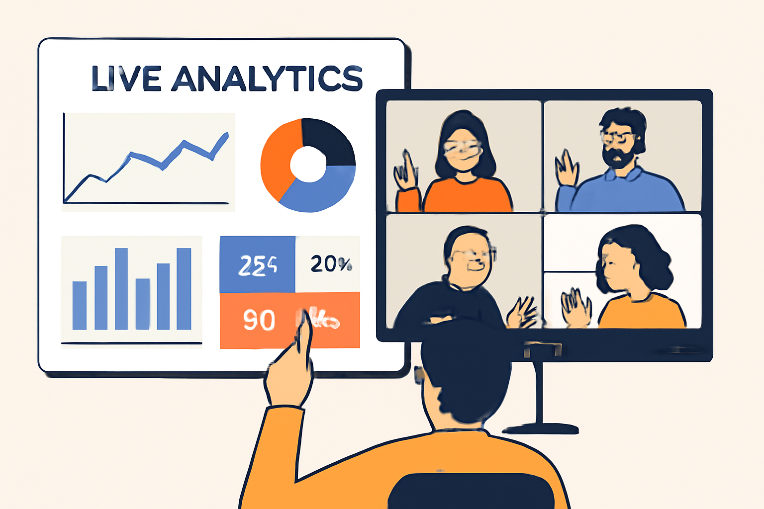 A live analytics dashboard with charts and graphs, DAO members voting and discussing strategy adjustments in a virtual meeting.