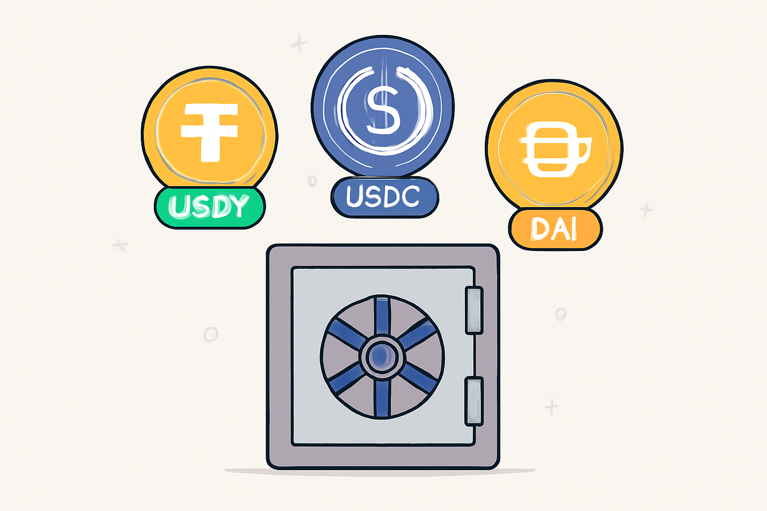 A selection of digital coins labeled USDT, USDC, and DAI, floating above a secure digital vault.