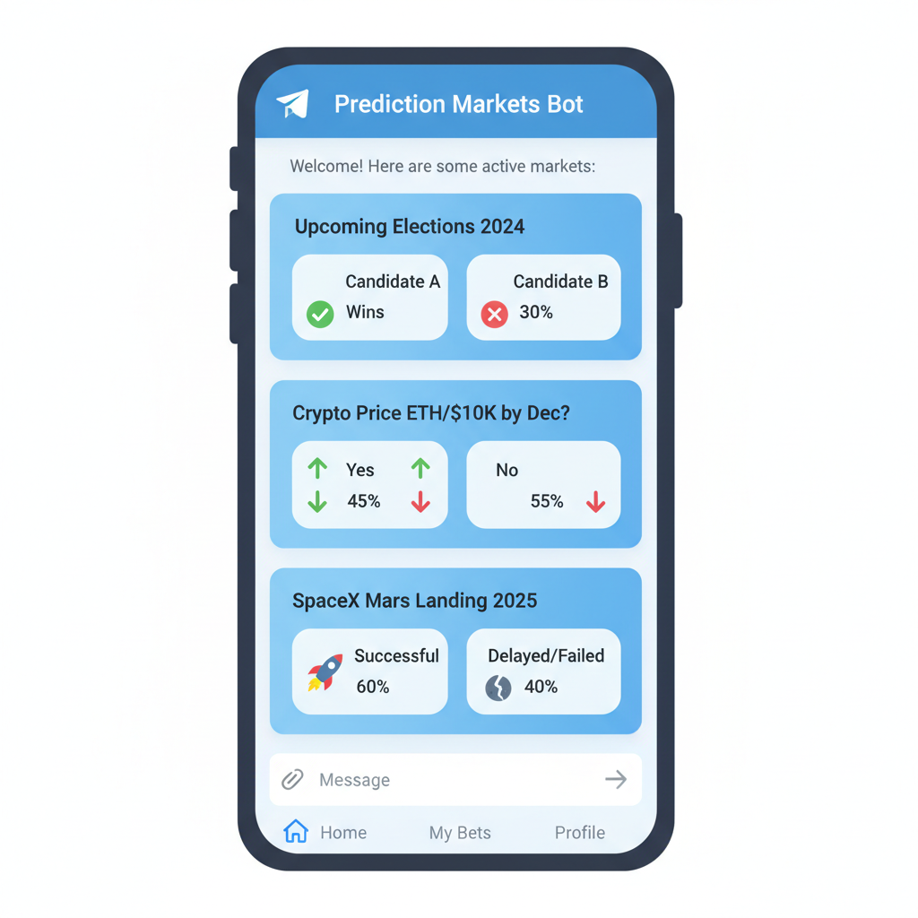 Telegram bot interface listing prediction markets, event cards with outcomes