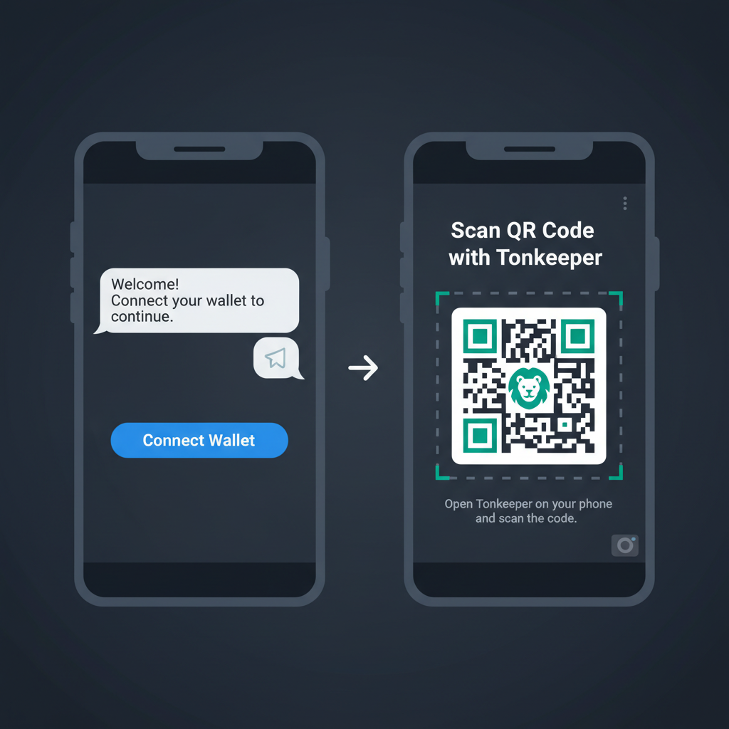 Telegram bot chat showing wallet connect button, Tonkeeper QR scan interface