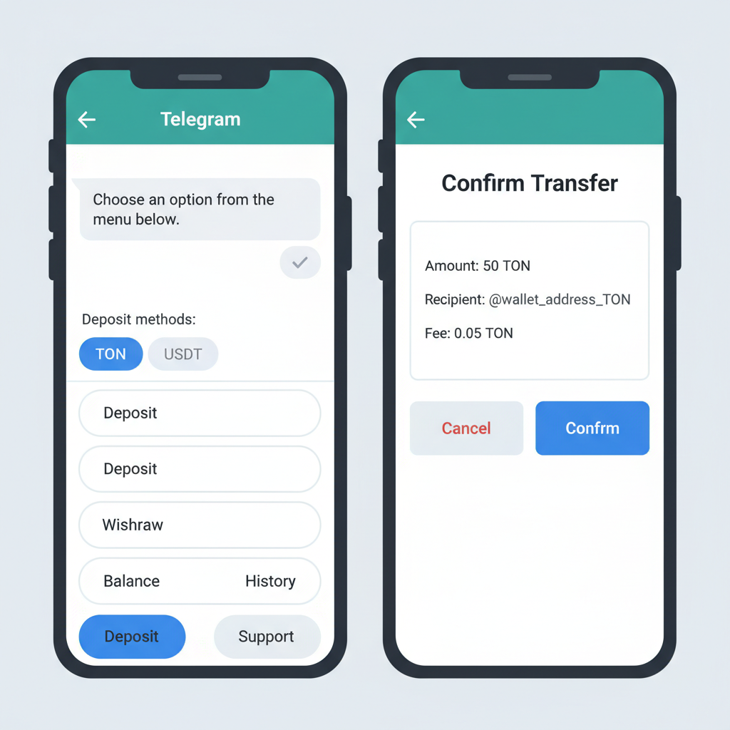 Telegram bot menu with deposit option open, TON transfer confirmation screen