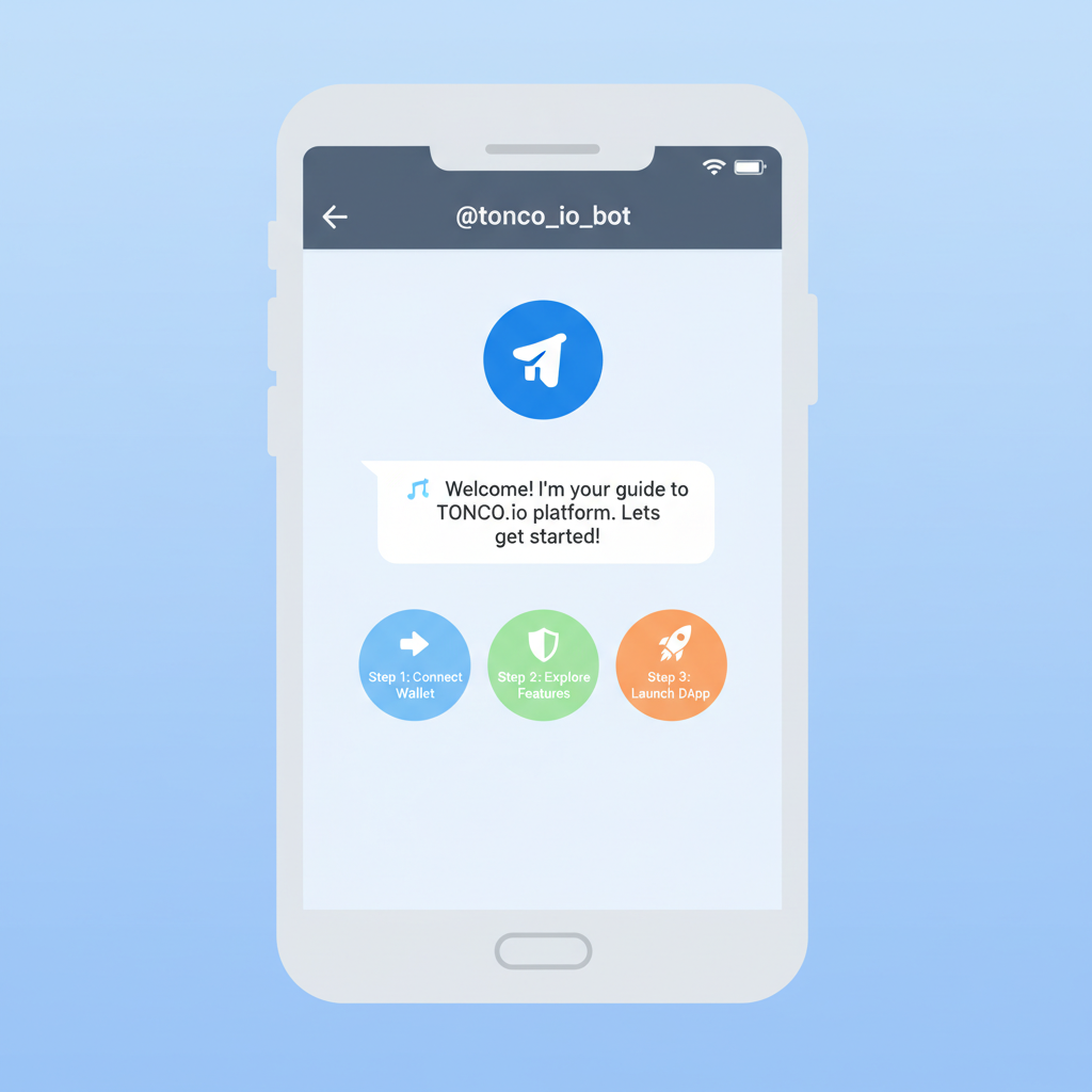 Telegram chat with @tonco_io_bot, start button pressed, welcome message visible