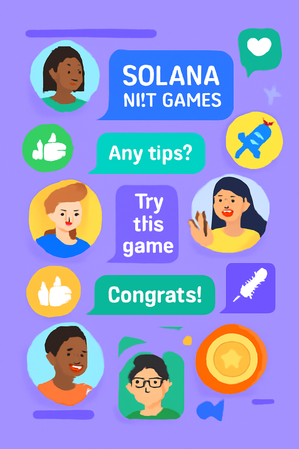 A vibrant online chat room with avatars discussing Solana NFT games, sharing tips and celebrating rewards, with community icons and game logos.