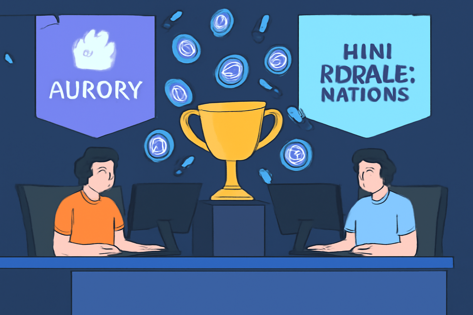 A digital tournament stage with players competing, trophies, and SOL tokens raining down, banners for Aurory and Mini Royale: Nations in the background.