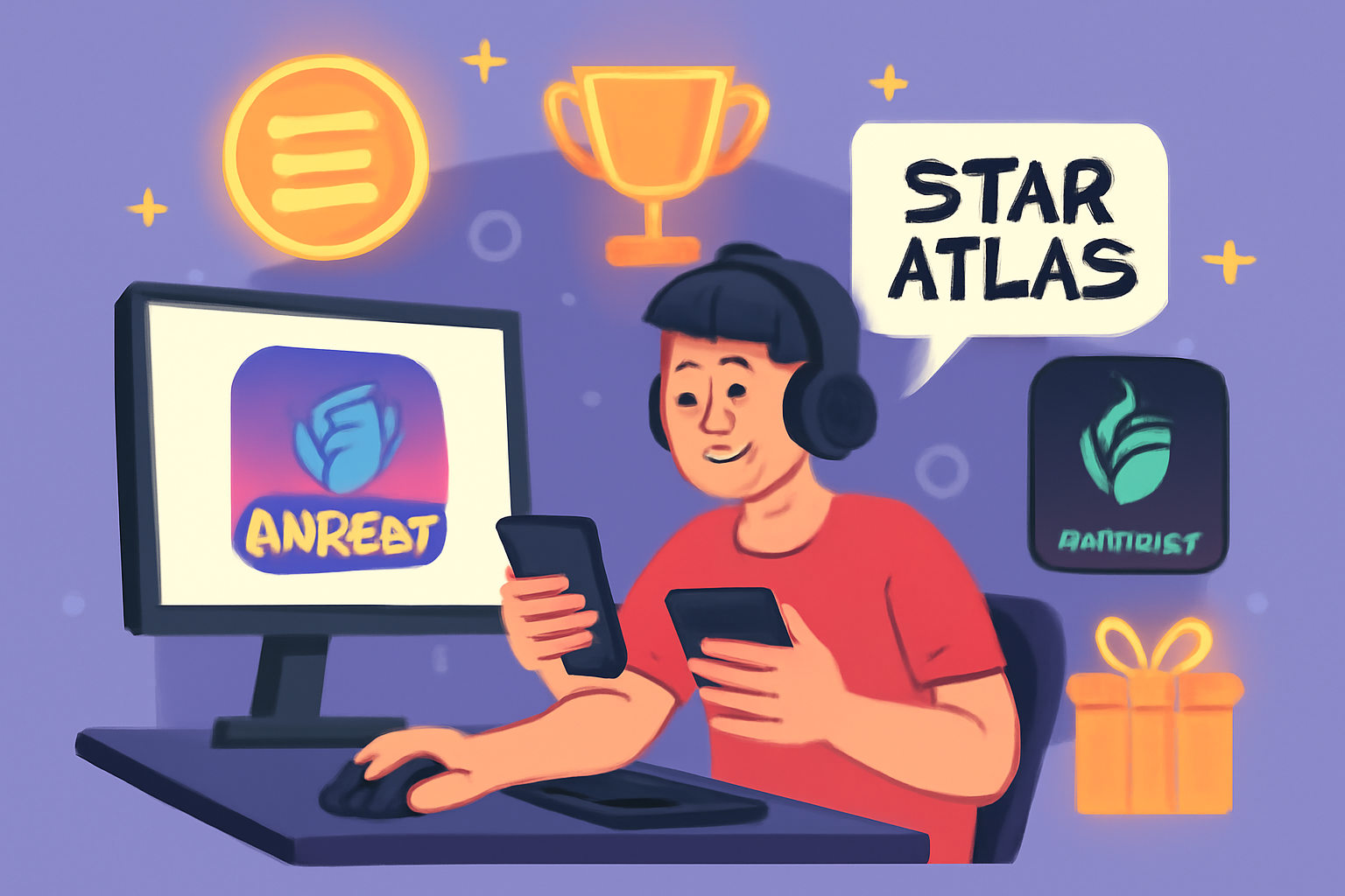 A gamer actively playing on a computer and mobile, surrounded by digital icons representing Solana NFT games like Aurory, Star Atlas, and Genopets, with glowing reward symbols.