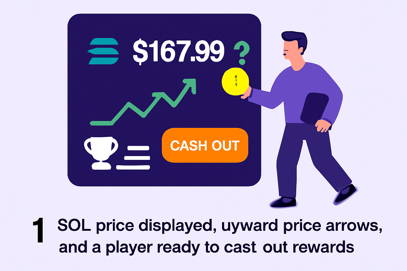 A dynamic digital dashboard with the SOL price at $167.99 highlighted, upward price arrows, and a player ready to cash out rewards.