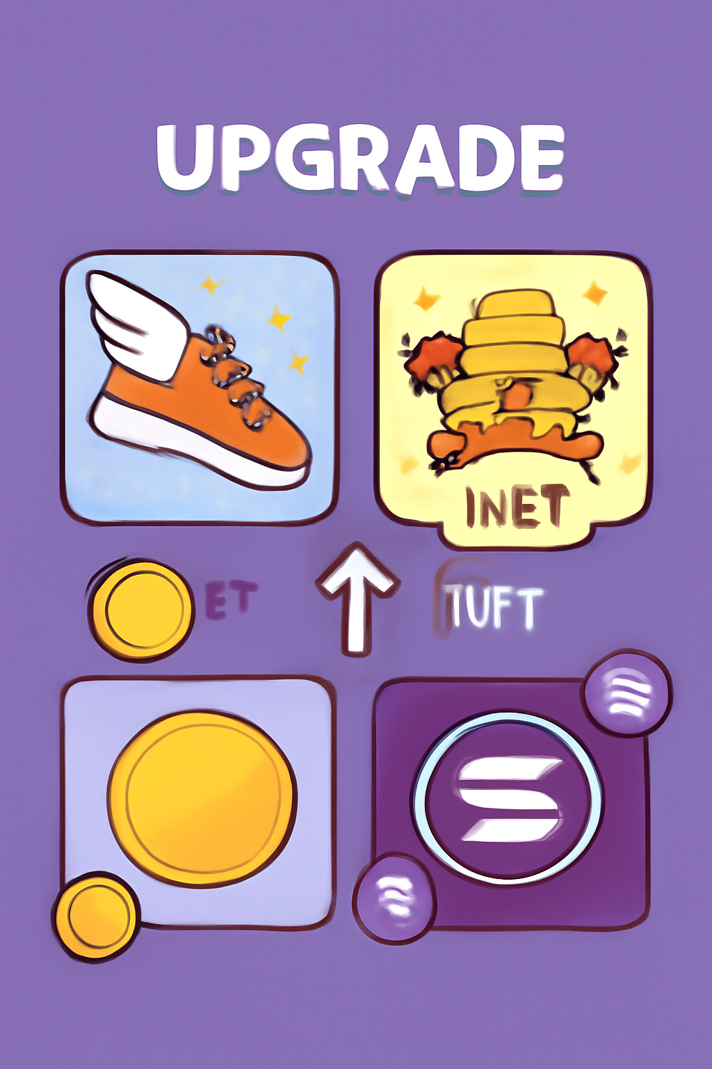 A digital upgrade screen showing NFTs evolving with glowing effects, such as sneakers getting wings or bee colonies expanding, coins and SOL tokens floating around.