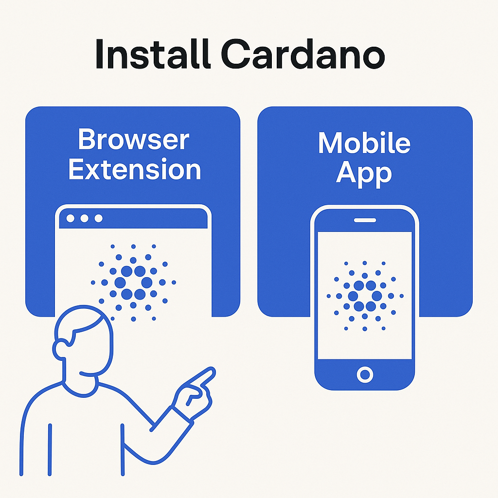 A screen showing two big buttons: one for browser extension, one for mobile app, with Cardano branding, easy-to-read interface