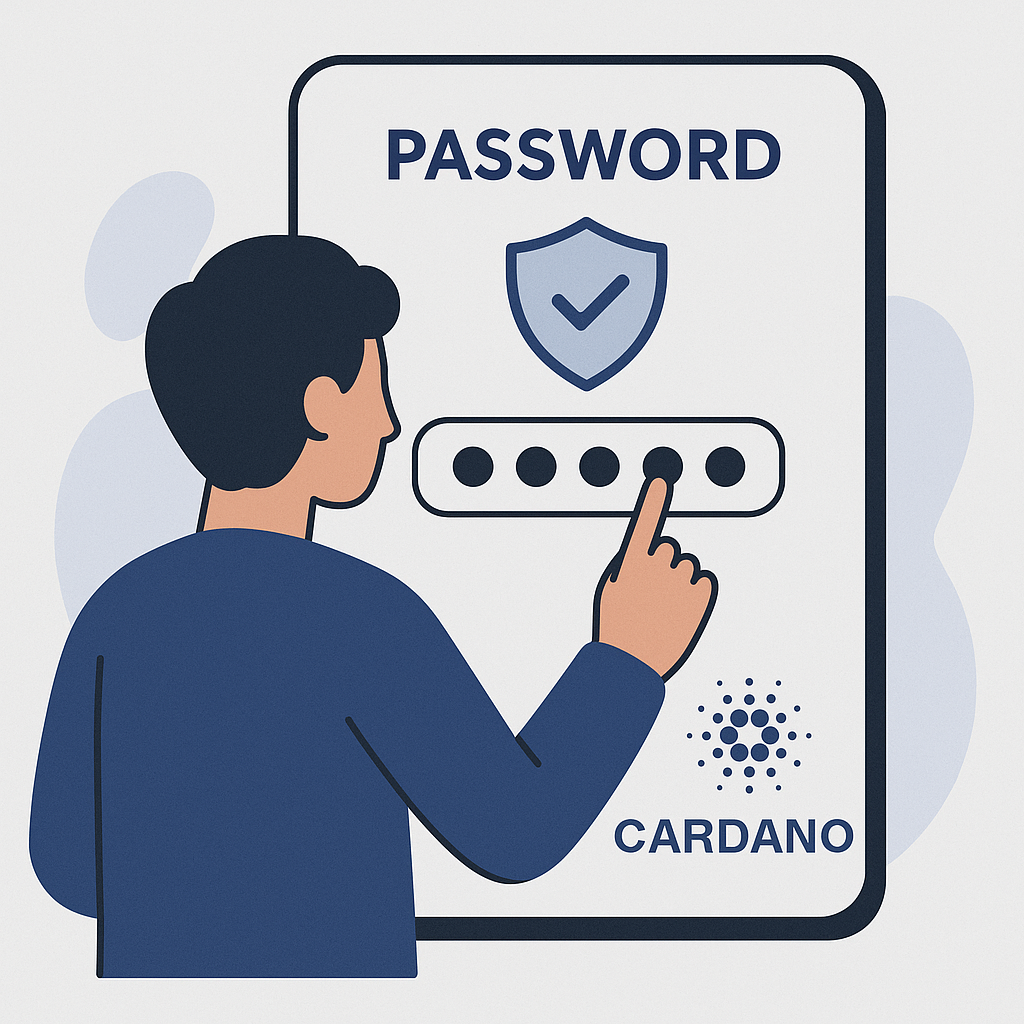 A person entering a password on a secure-looking app interface, with a shield icon and Cardano branding