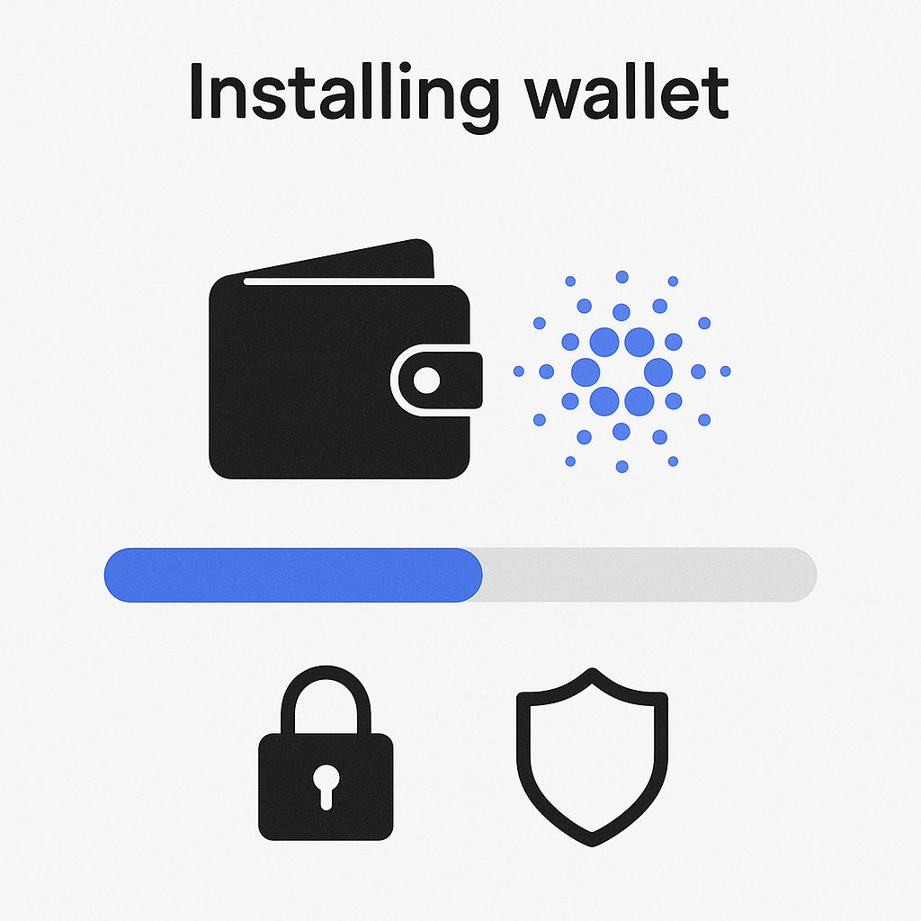 A progress bar showing wallet installation on a computer or phone, with a Cardano logo and secure icons