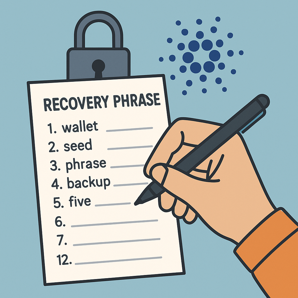 A hand writing a recovery phrase on paper, with a lock and Cardano logo in the background, emphasizing security