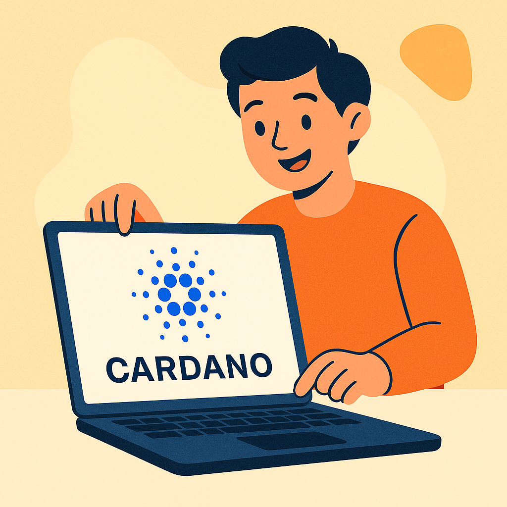 A friendly person opening a laptop with the Cardano logo on the screen, bright and welcoming colors, modern style