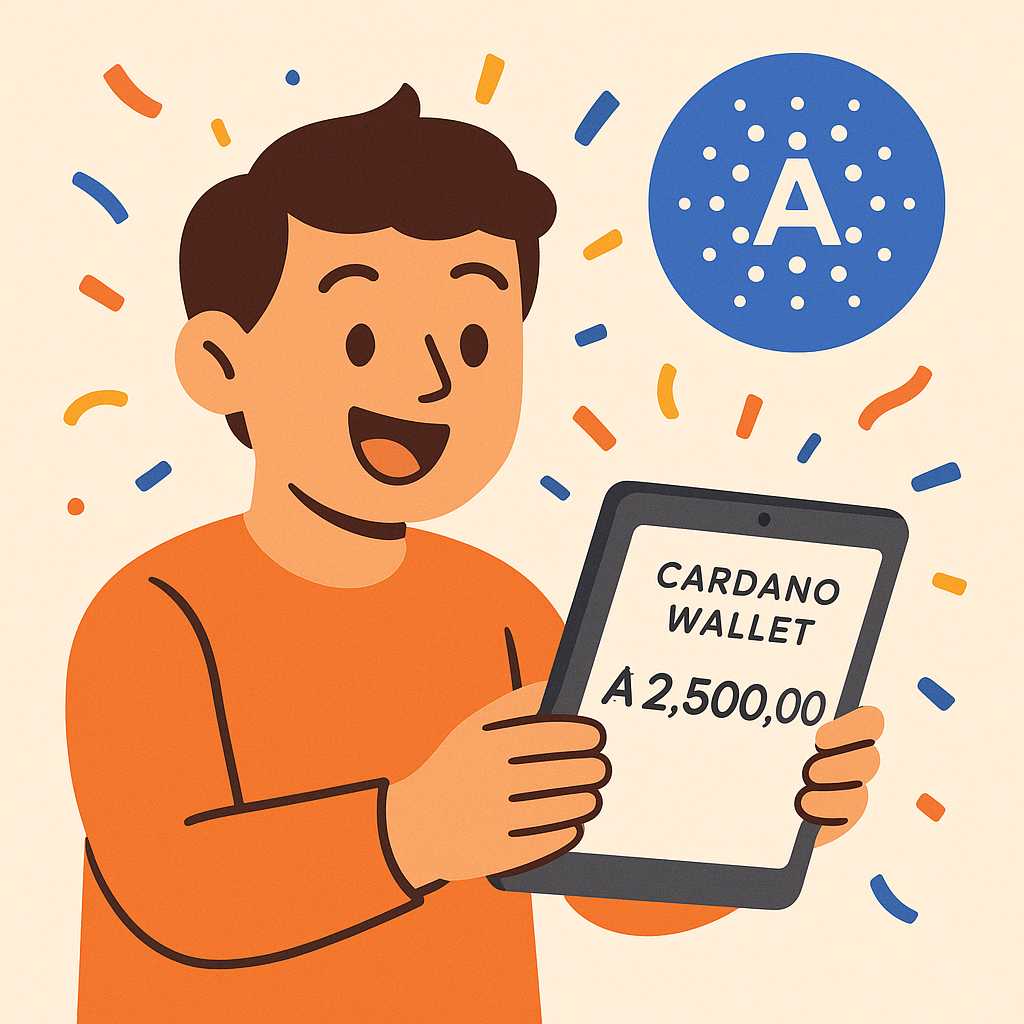 A cheerful person viewing their Cardano wallet balance on a device, with confetti and the $ADA symbol
