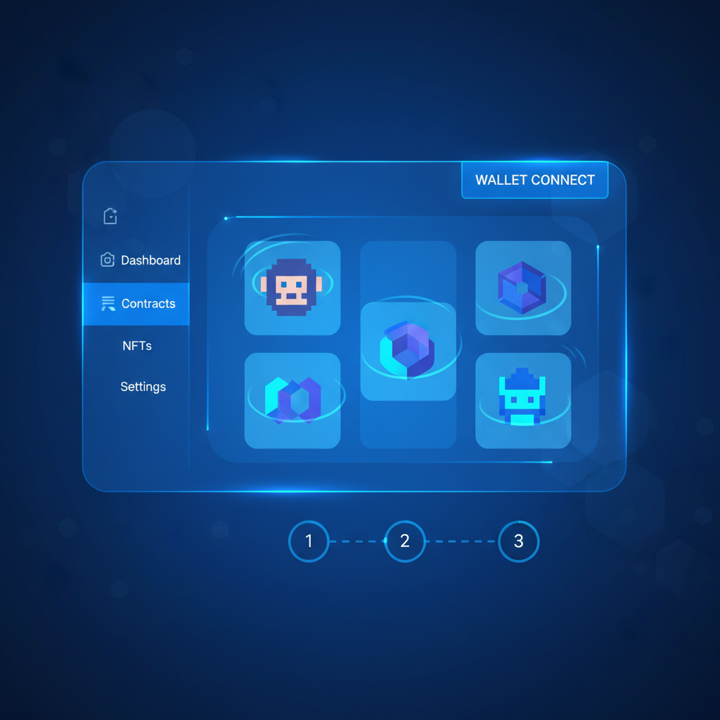 thirdweb dashboard with wallet connect button glowing, futuristic blue UI, NFT icons floating