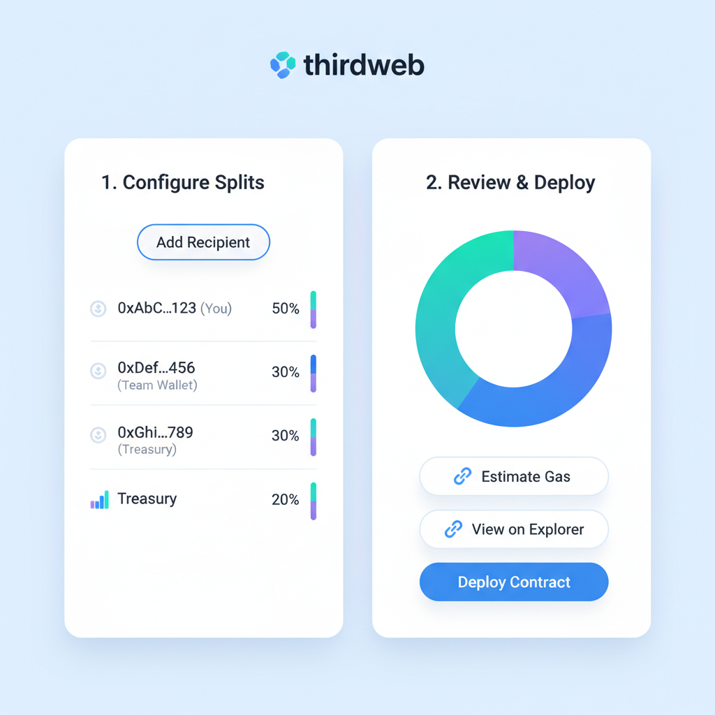 thirdweb splits deploy page with recipient list and percentages, vibrant charts, on-chain icons