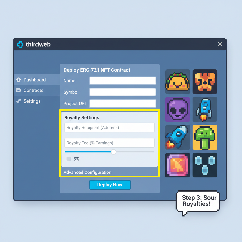 ERC-721 NFT contract deployment screen on thirdweb, royalty settings highlighted, pixel art NFTs