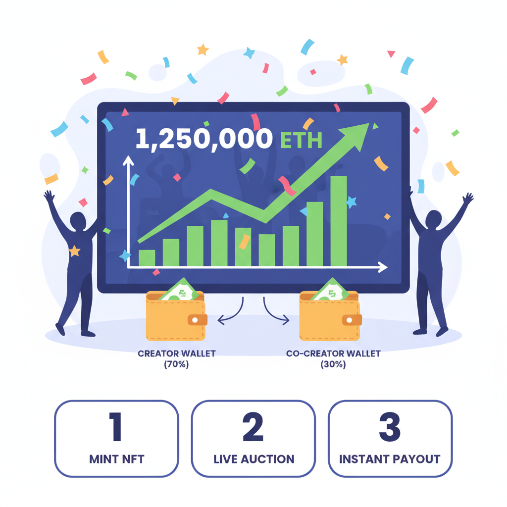 live NFT marketplace sale with revenue splitting to creator wallets, explosive growth chart, party confetti