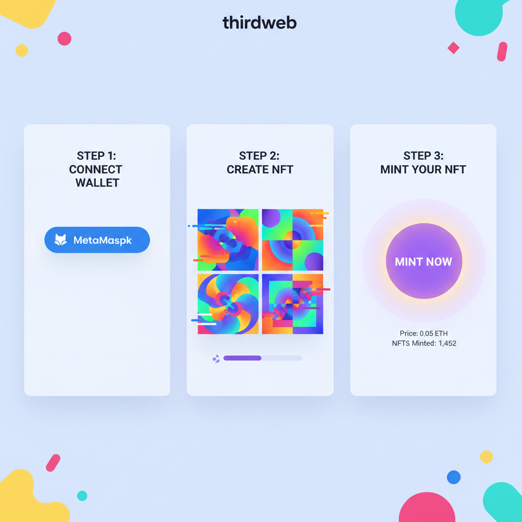 thirdweb NFT minting interface, colorful generative art NFTs being created, mint button pulsing