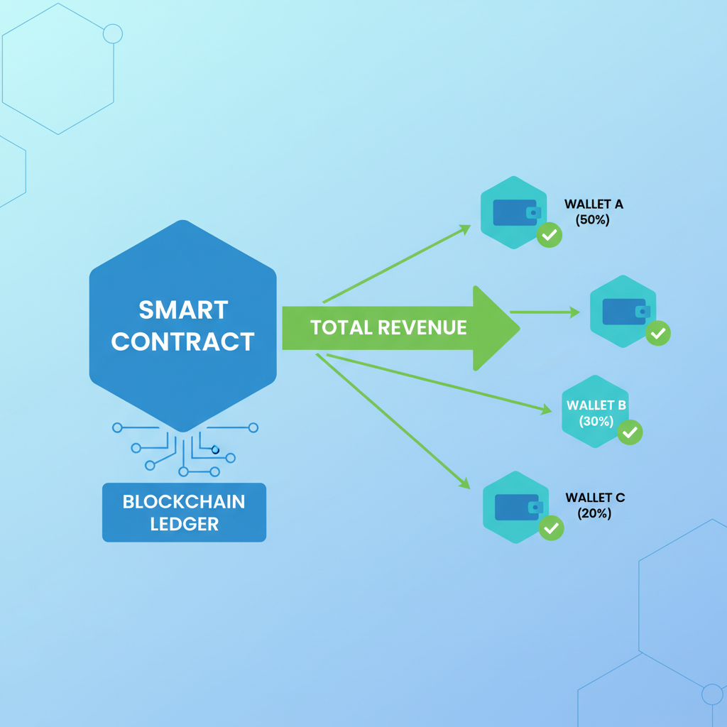 on-chain transaction graph showing revenue split to multiple wallets, green success arrows, blockchain nodes