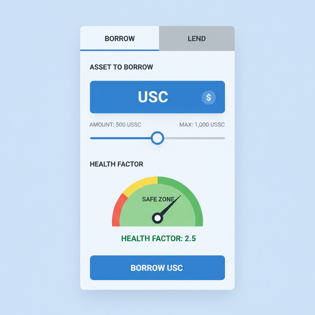 Kamino borrow tab USDC slider health factor gauge safe zone