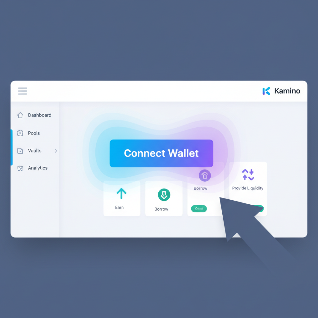 clean Solana DeFi dashboard Kamino homepage connect wallet button glowing
