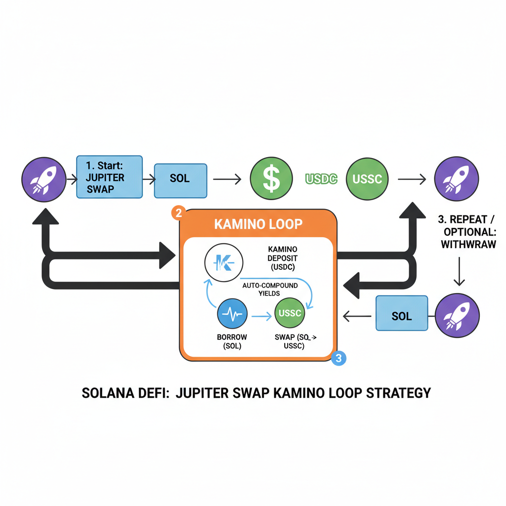 Jupiter swap Kamino loop strategy diagram Solana DeFi flow