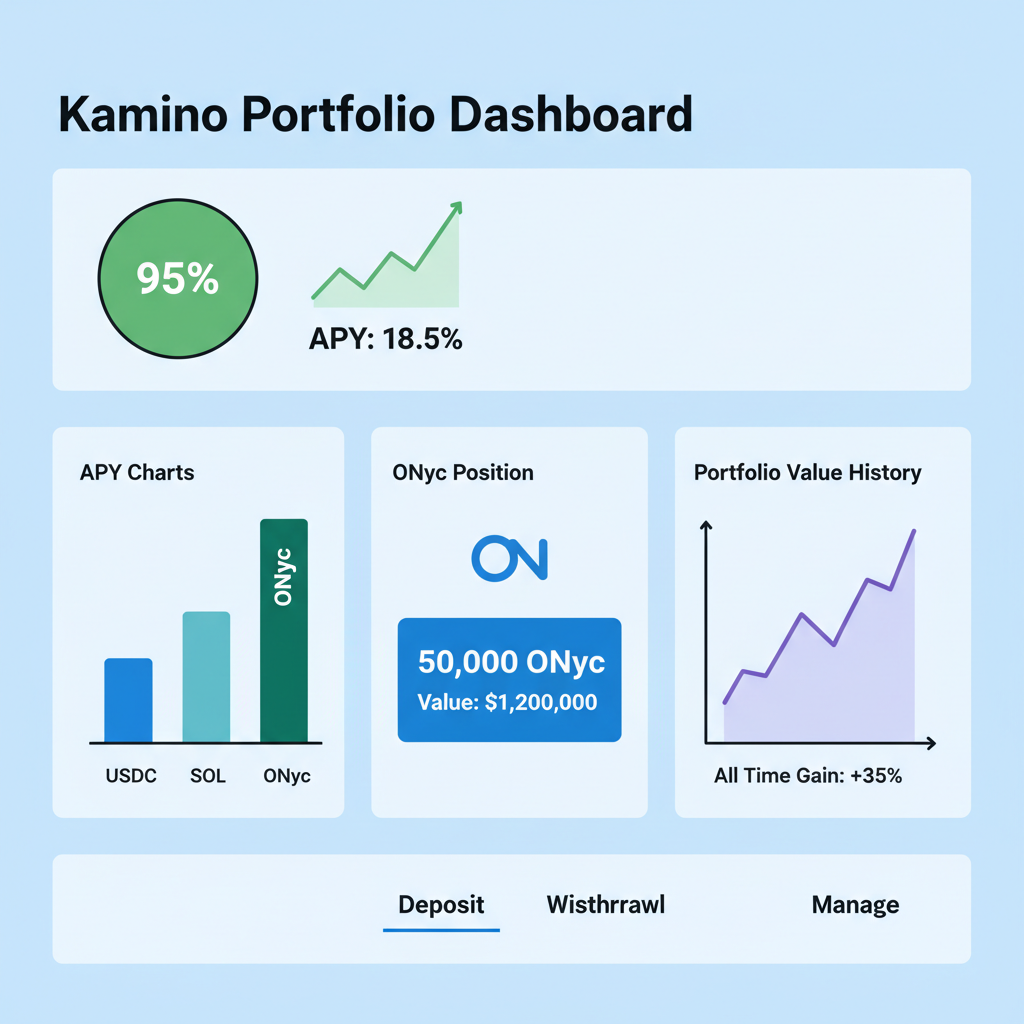 Kamino portfolio dashboard health factor APY charts ONyc position