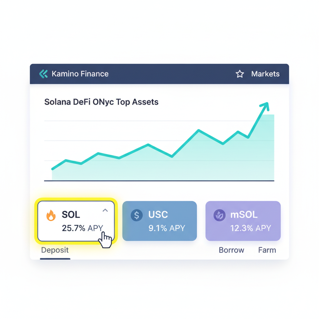 Kamino markets page Solana DeFi ONyc highlighted top asset chart