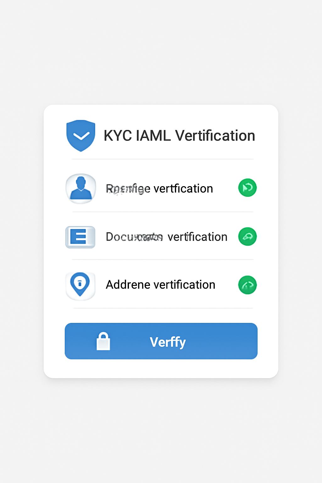 A digital interface showing a KYC/AML verification prompt with checkmarks and security icons, modern and trustworthy design