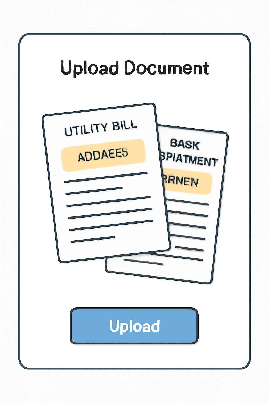 A digital document upload screen with a utility bill and bank statement, highlighting address and name, clean UI