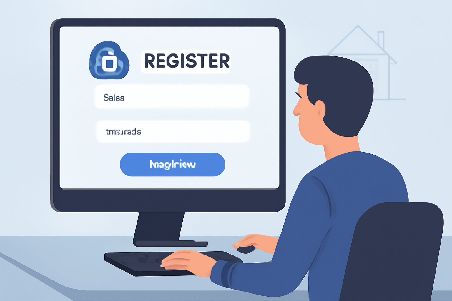 A user sitting at a computer, registering on a modern real estate tokenization website, entering email and password, clear UI, digital style