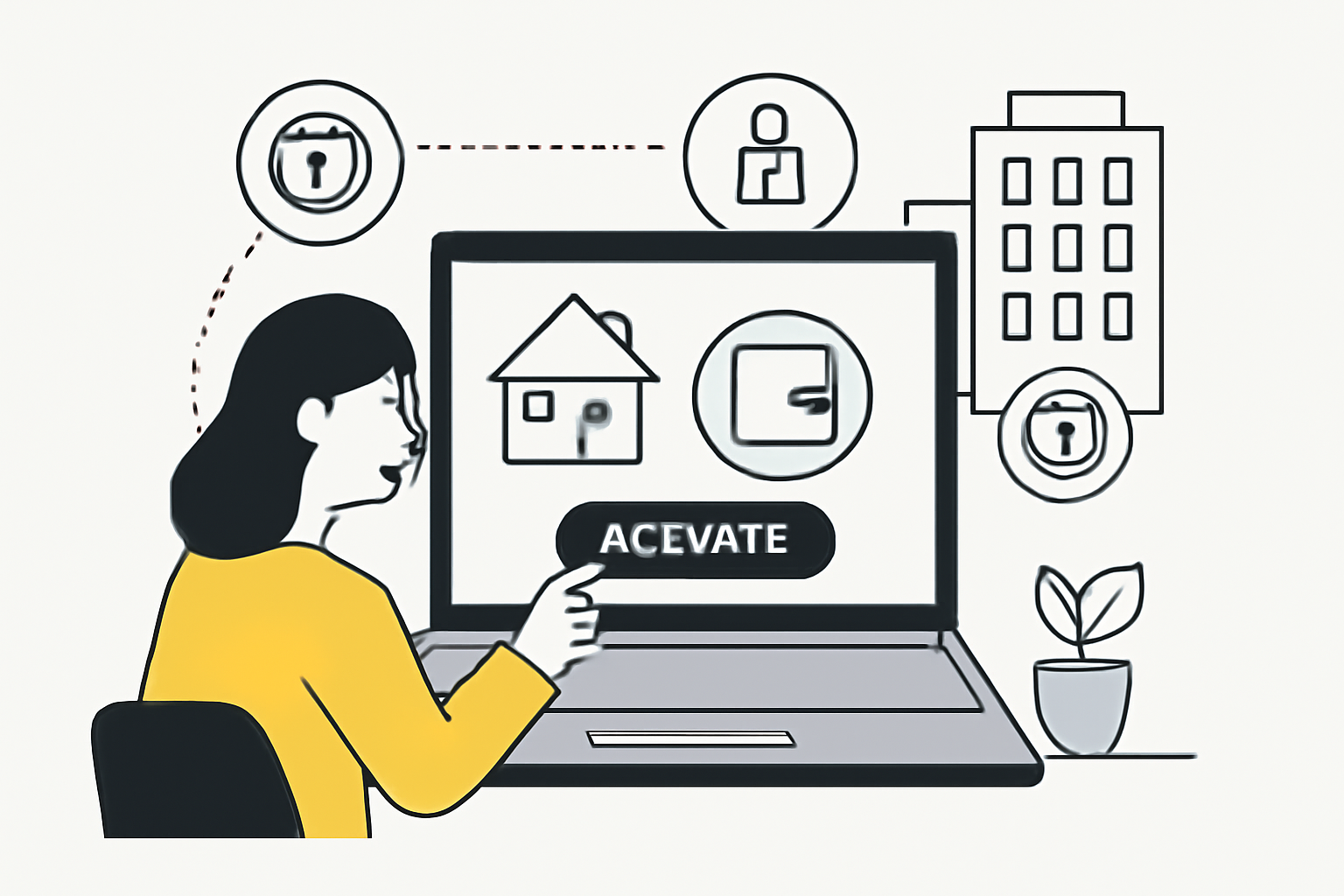 A user activating a digital wallet on a real estate investment platform, with token icons and secure lock symbols