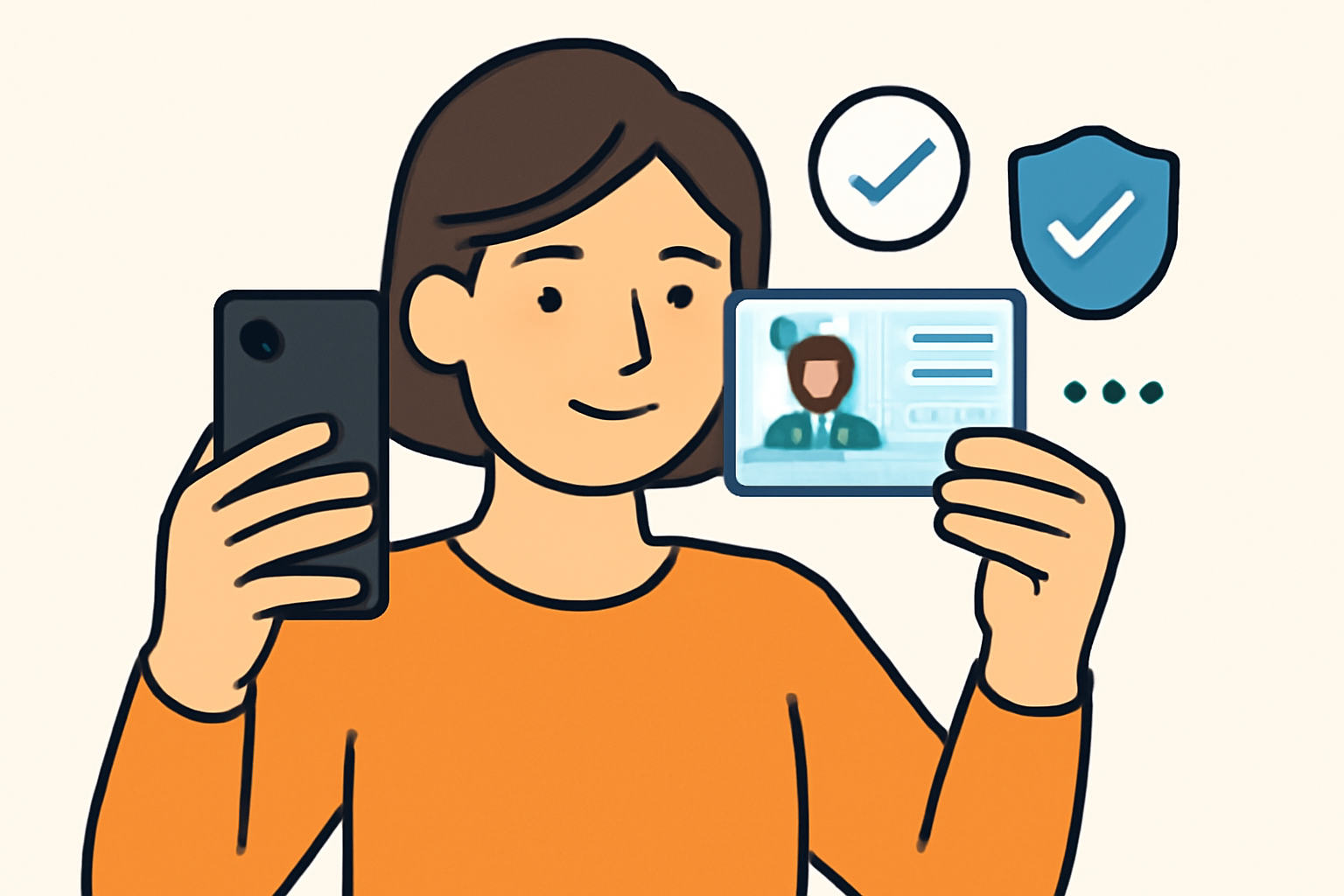 A person taking a selfie with their smartphone, holding their ID next to their face, digital verification symbols