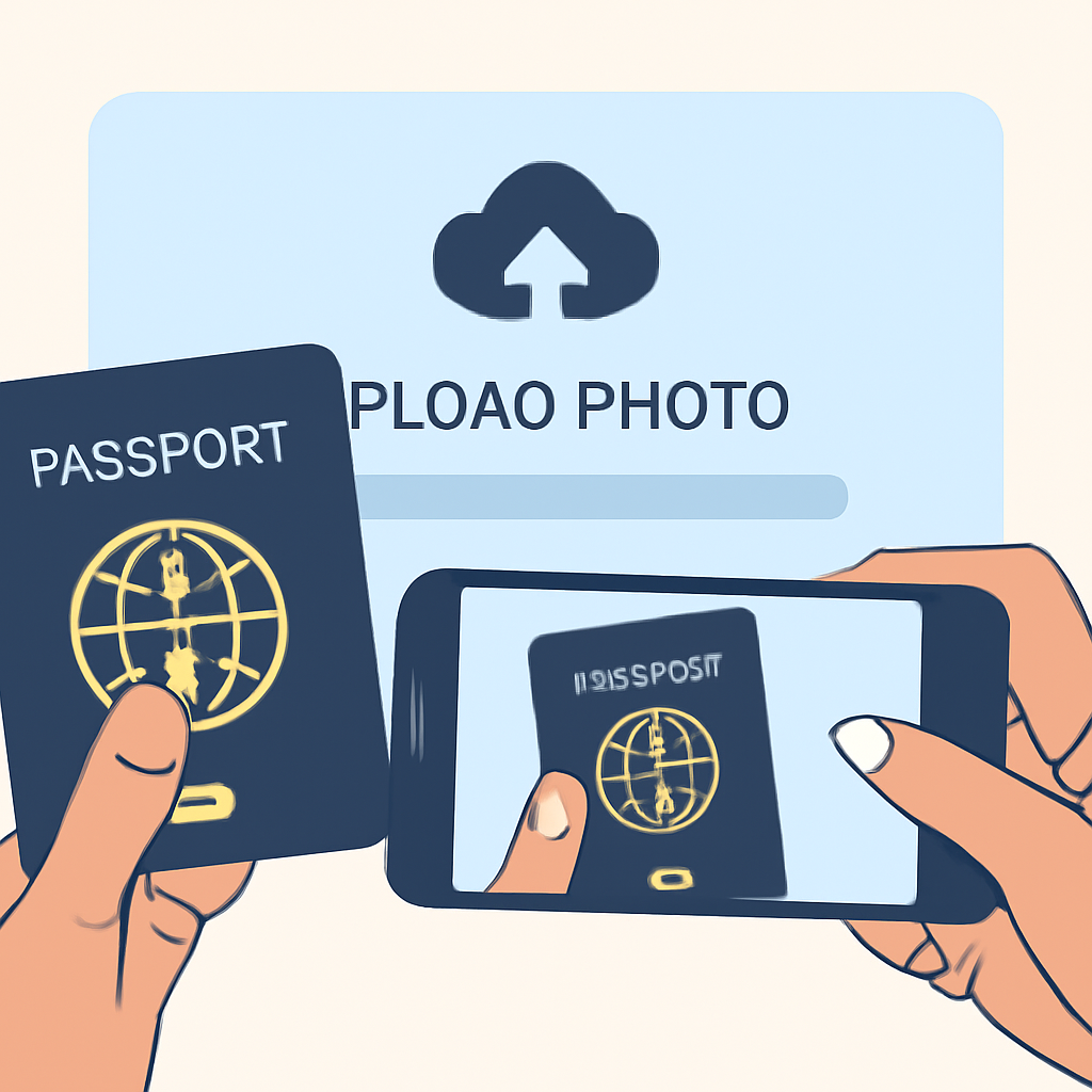 A close-up of hands holding a passport and taking a photo with a smartphone, digital upload interface in the background